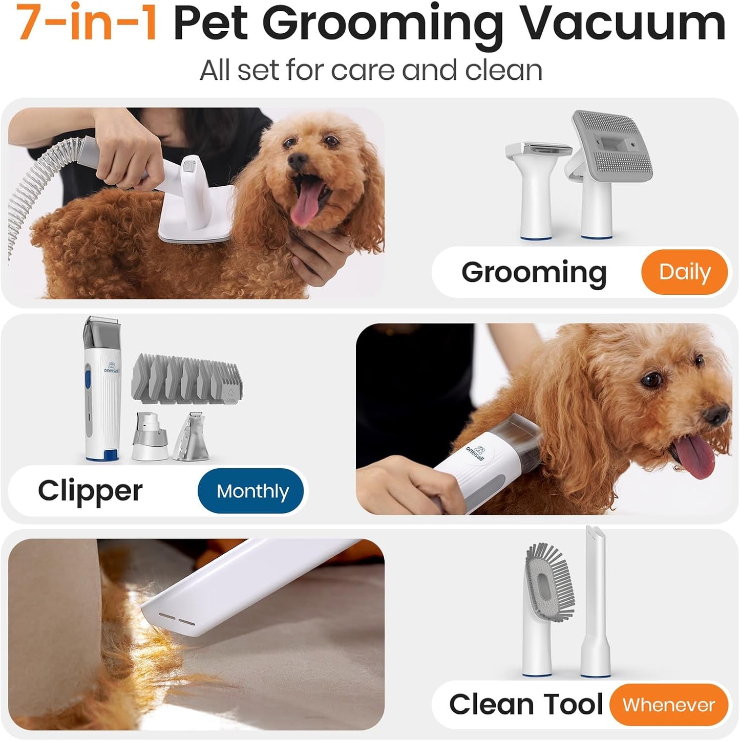 Ultimate Dog Grooming Vacuum Kit - 7-in-1 Pet Grooming Tools, Clipper & Nail Grinder, 1.5L Dust Cup for Effortless Shedding & Home Cleaning